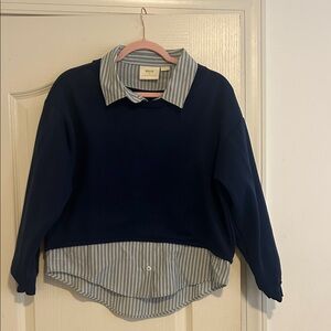Navy Blue Two-fer Sweatshirt with Striped Collar